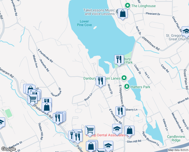 map of restaurants, bars, coffee shops, grocery stores, and more near 33 East Pembroke Road in Danbury