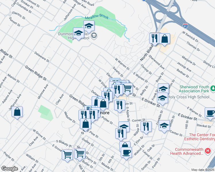 map of restaurants, bars, coffee shops, grocery stores, and more near 115 West Drinker Street in Dunmore