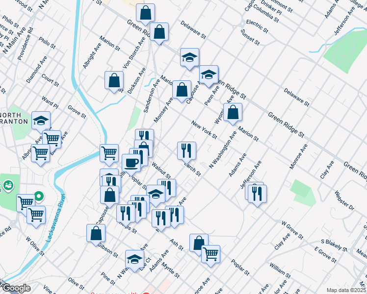 map of restaurants, bars, coffee shops, grocery stores, and more near 1315 Wyoming Avenue in Scranton