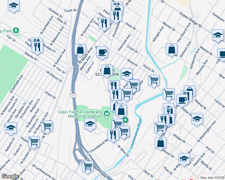 map of restaurants, bars, coffee shops, grocery stores, and more near 911 Providence Road in Scranton