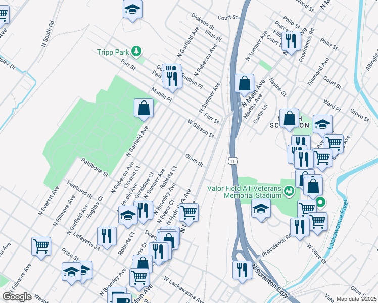 map of restaurants, bars, coffee shops, grocery stores, and more near 1303 Oram Street in Scranton