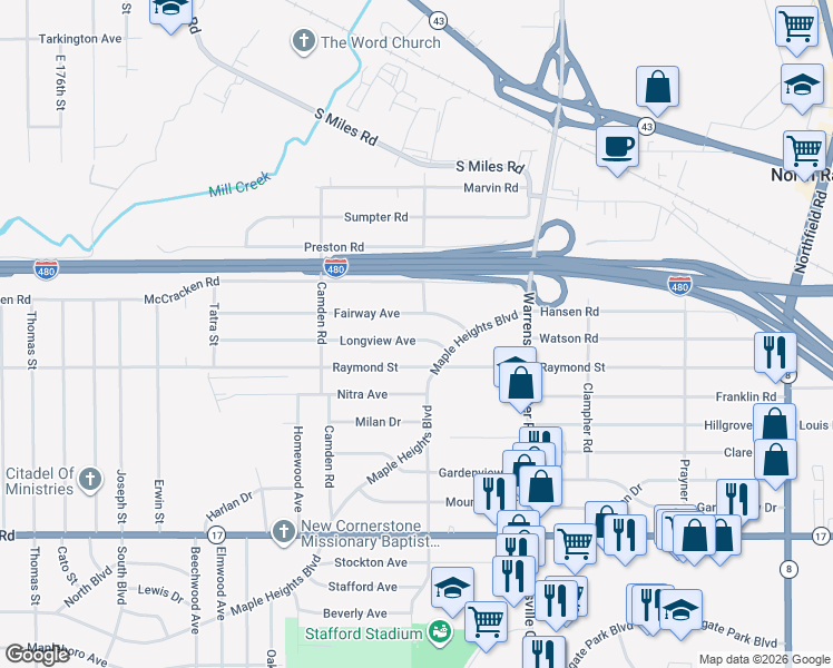 map of restaurants, bars, coffee shops, grocery stores, and more near 19608 Longview Avenue in Maple Heights