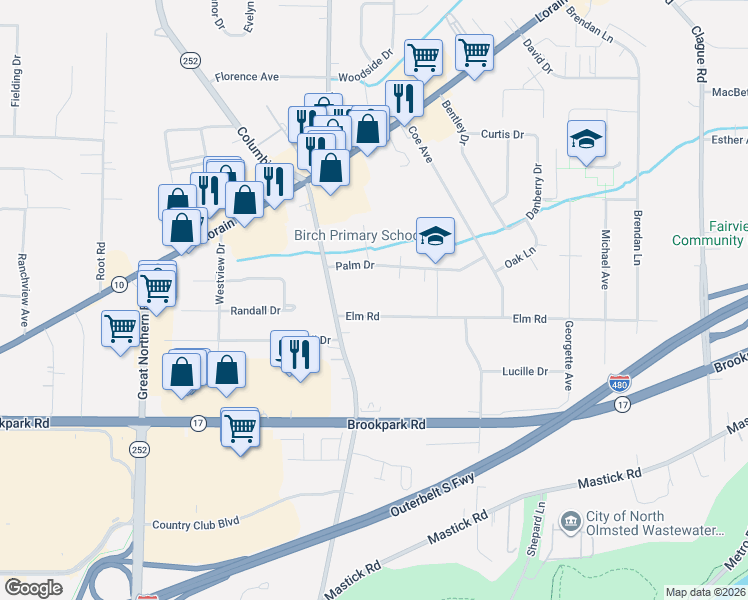 map of restaurants, bars, coffee shops, grocery stores, and more near 24340 Elm Road in North Olmsted