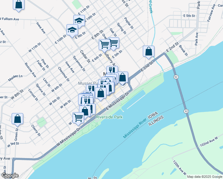 map of restaurants, bars, coffee shops, grocery stores, and more near in Muscatine