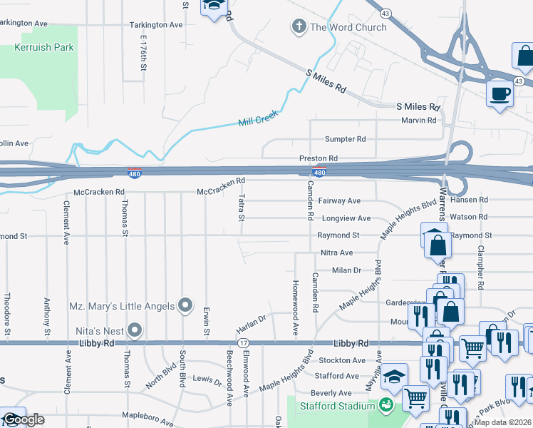 map of restaurants, bars, coffee shops, grocery stores, and more near 18914 Longview Avenue in Maple Heights