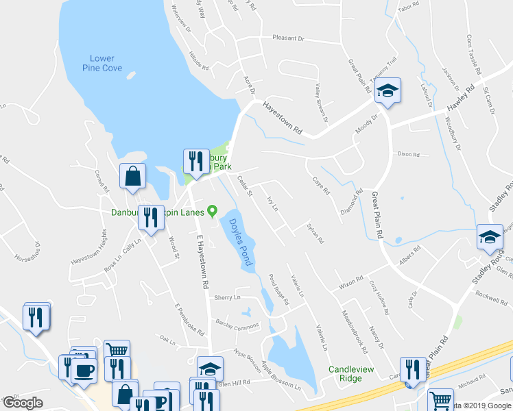 map of restaurants, bars, coffee shops, grocery stores, and more near 13 Cedar Street in Danbury