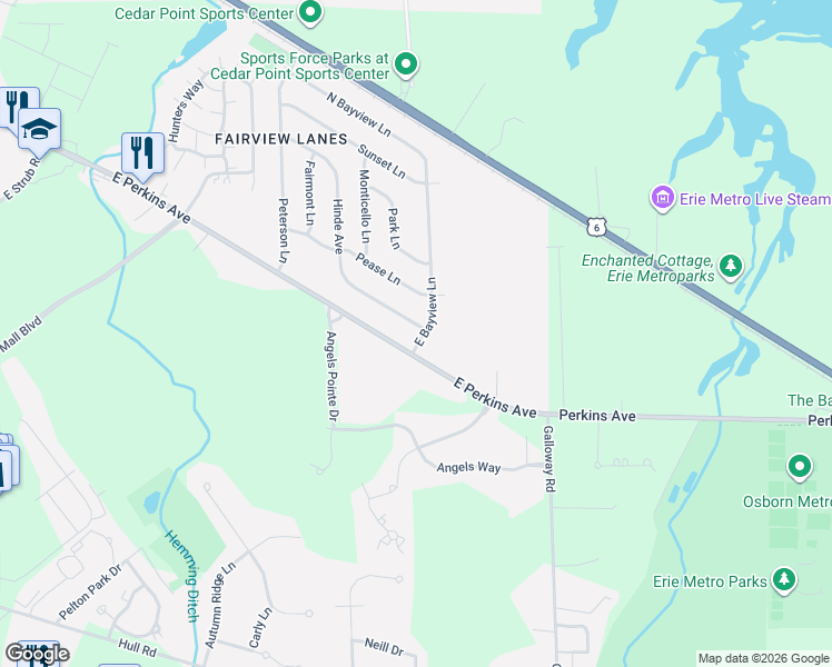 map of restaurants, bars, coffee shops, grocery stores, and more near 2916 East Perkins Avenue in Sandusky