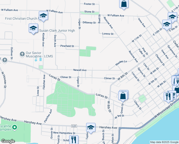 map of restaurants, bars, coffee shops, grocery stores, and more near 910 Newell Avenue in Muscatine