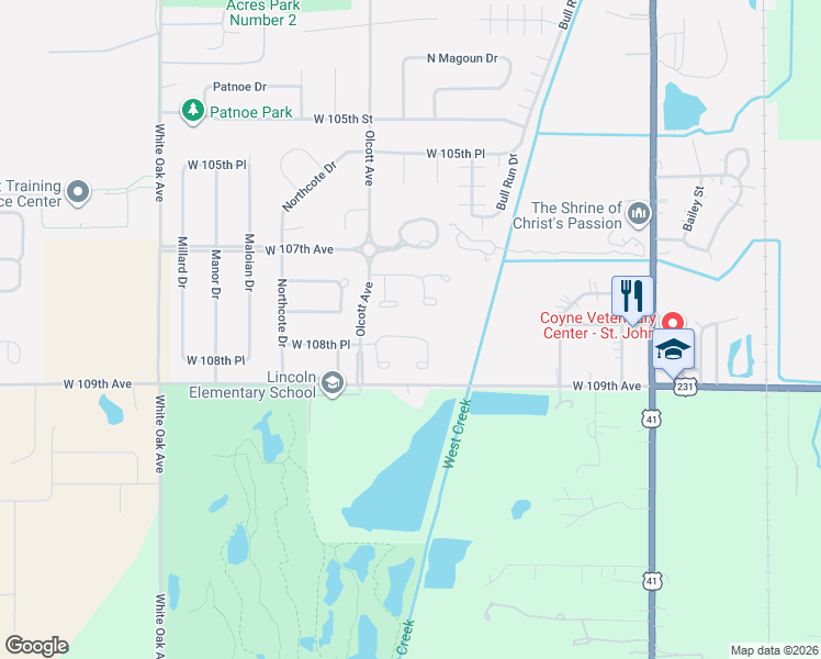 map of restaurants, bars, coffee shops, grocery stores, and more near 11963 West 108th Place in St. John