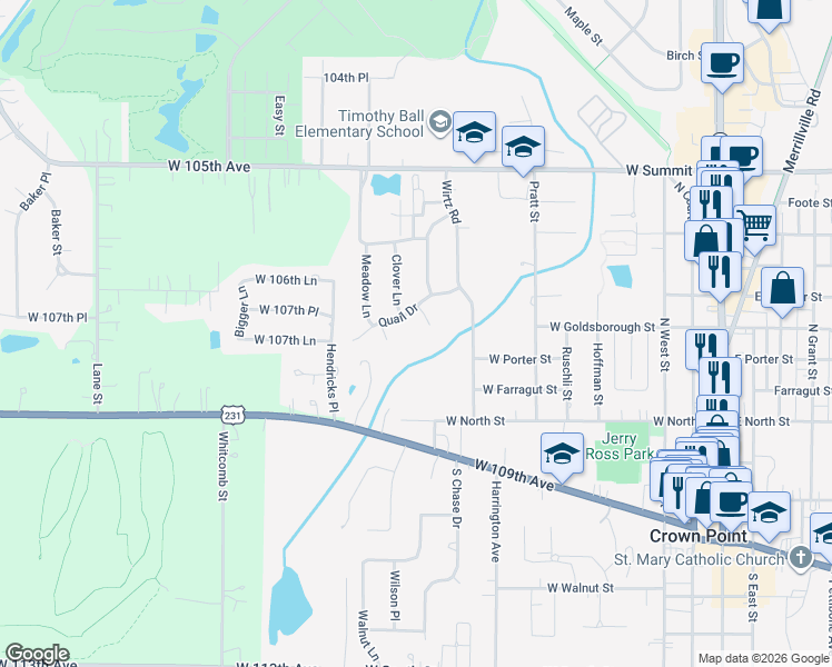 map of restaurants, bars, coffee shops, grocery stores, and more near 831 Quail Drive in Crown Point