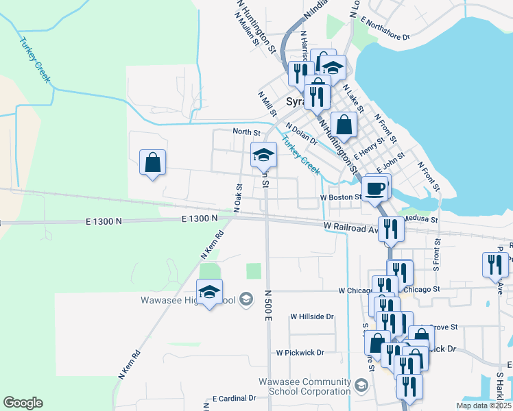 map of restaurants, bars, coffee shops, grocery stores, and more near 506-576 W Railroad Ave in Syracuse