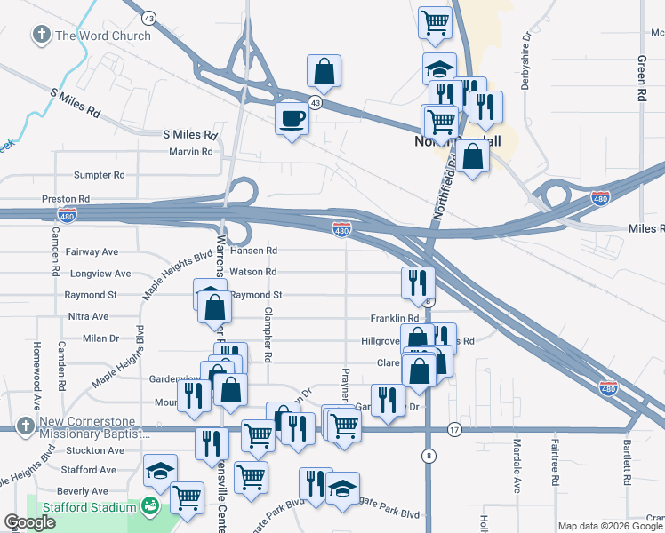 map of restaurants, bars, coffee shops, grocery stores, and more near 21008 Watson Road in Maple Heights