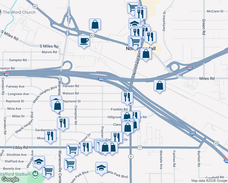 map of restaurants, bars, coffee shops, grocery stores, and more near 21408 Watson Road in Maple Heights