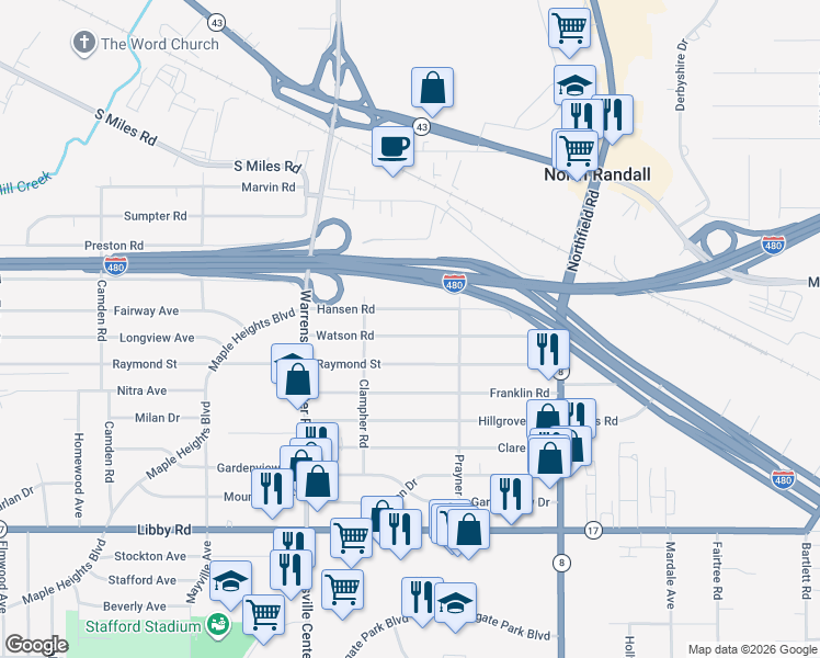 map of restaurants, bars, coffee shops, grocery stores, and more near 20806 Watson Road in Maple Heights