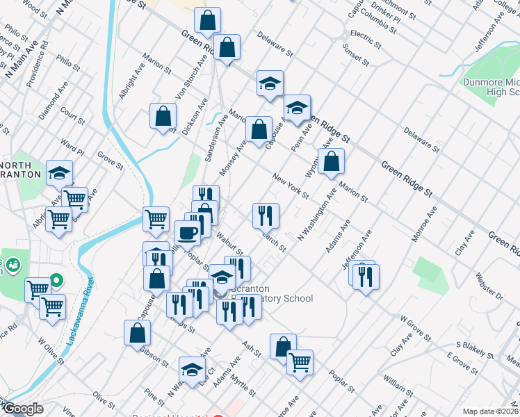 map of restaurants, bars, coffee shops, grocery stores, and more near 1315 Wyoming Avenue in Scranton