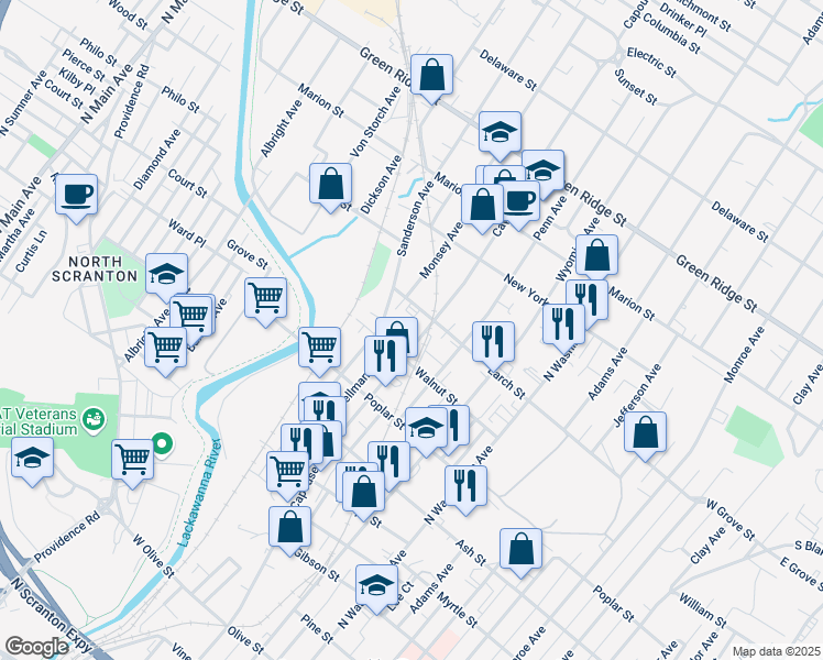 map of restaurants, bars, coffee shops, grocery stores, and more near 1213 Capouse Avenue in Scranton
