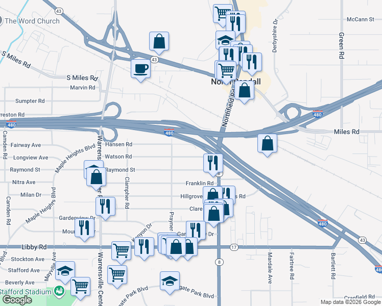 map of restaurants, bars, coffee shops, grocery stores, and more near 21408 Watson Road in Maple Heights