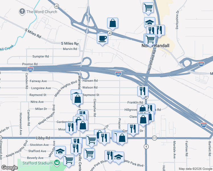 map of restaurants, bars, coffee shops, grocery stores, and more near 20806 Watson Road in Maple Heights