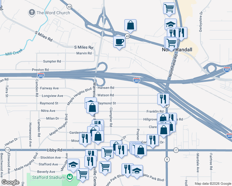 map of restaurants, bars, coffee shops, grocery stores, and more near 20806 Watson Road in Maple Heights