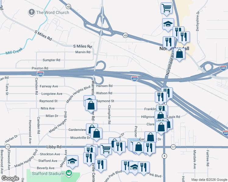 map of restaurants, bars, coffee shops, grocery stores, and more near 20806 Watson Road in Maple Heights
