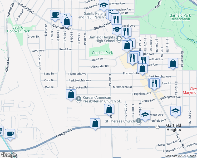 map of restaurants, bars, coffee shops, grocery stores, and more near 9612 Park Heights Avenue in Garfield Heights