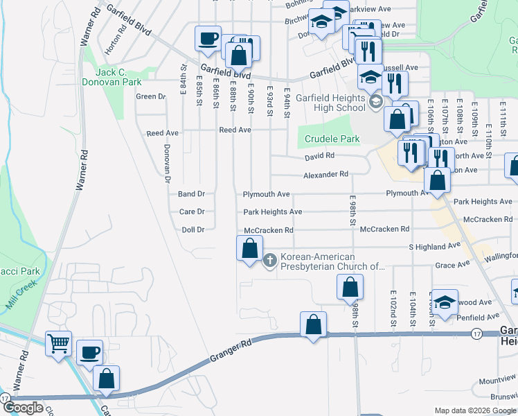map of restaurants, bars, coffee shops, grocery stores, and more near 8824 Park Heights Avenue in Garfield Heights