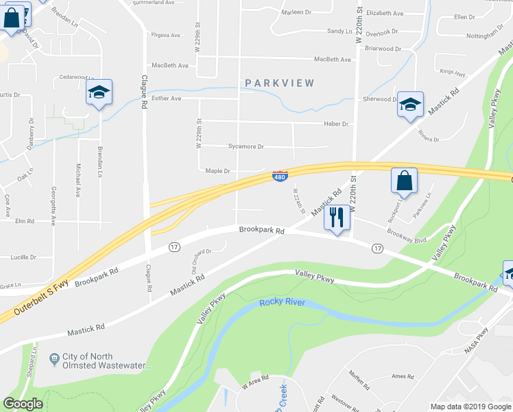 map of restaurants, bars, coffee shops, grocery stores, and more near 22539 Lenox Drive in Fairview Park