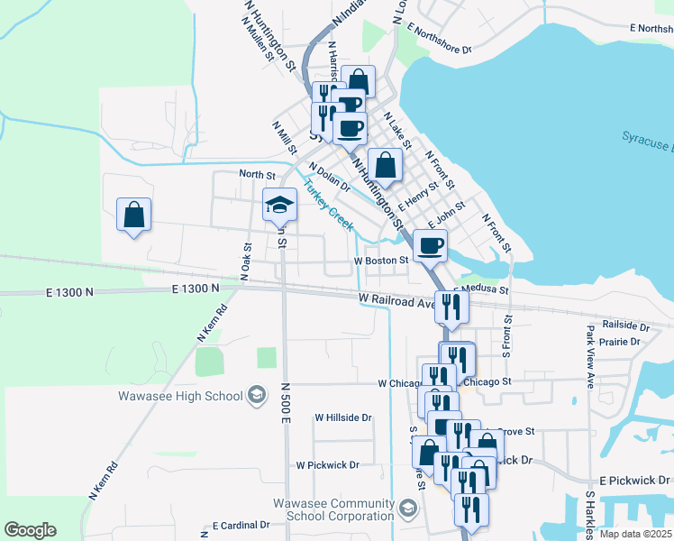 map of restaurants, bars, coffee shops, grocery stores, and more near 101 North Acorn Street in Syracuse
