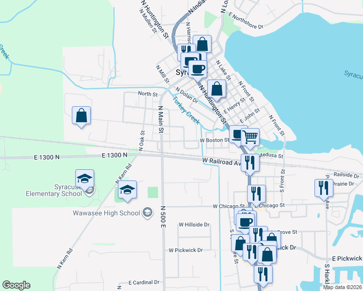 map of restaurants, bars, coffee shops, grocery stores, and more near 101 North Acorn Street in Syracuse