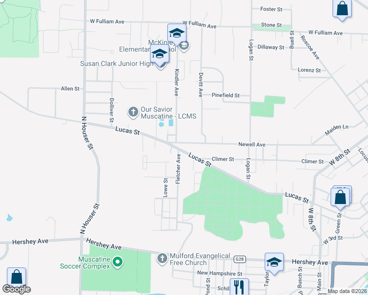 map of restaurants, bars, coffee shops, grocery stores, and more near 2218 Lucas St in Muscatine