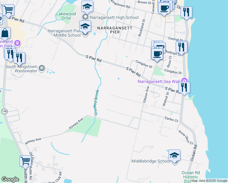 map of restaurants, bars, coffee shops, grocery stores, and more near 135 Westmoreland Street in Narragansett