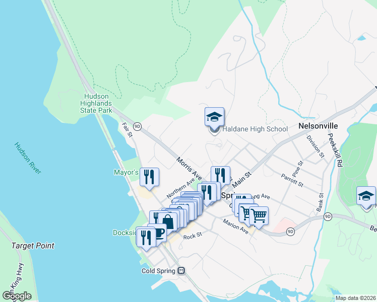 map of restaurants, bars, coffee shops, grocery stores, and more near 6 East Belvedere Street in Cold Spring