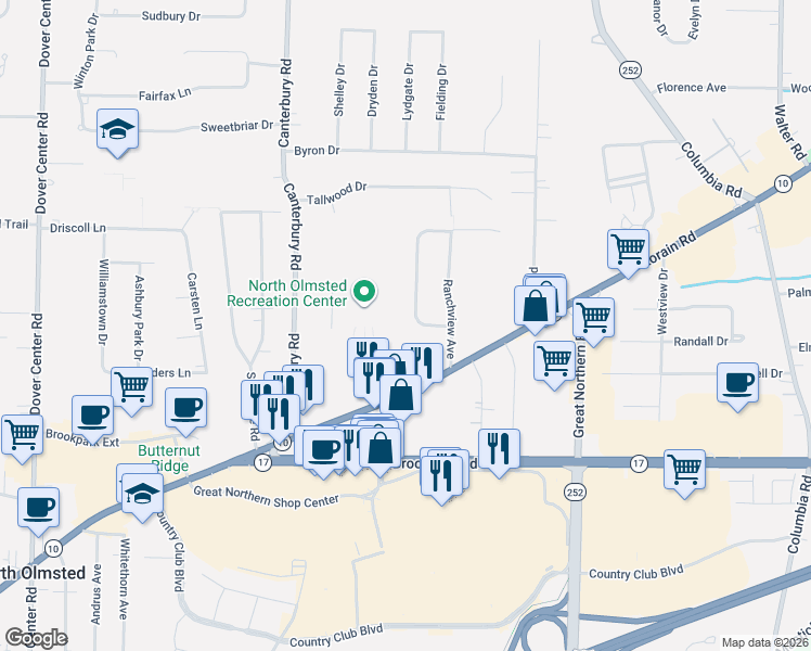 map of restaurants, bars, coffee shops, grocery stores, and more near 4564 West Ranchview Avenue in North Olmsted