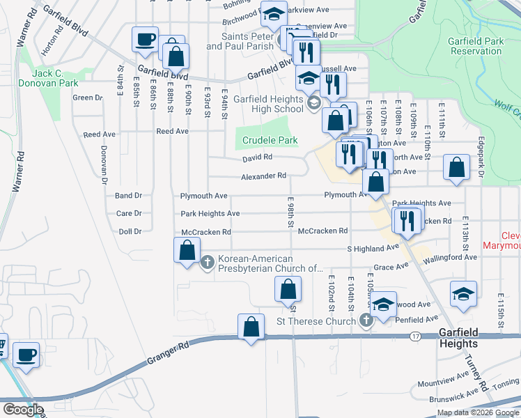 map of restaurants, bars, coffee shops, grocery stores, and more near 9612 Park Heights Avenue in Garfield Heights
