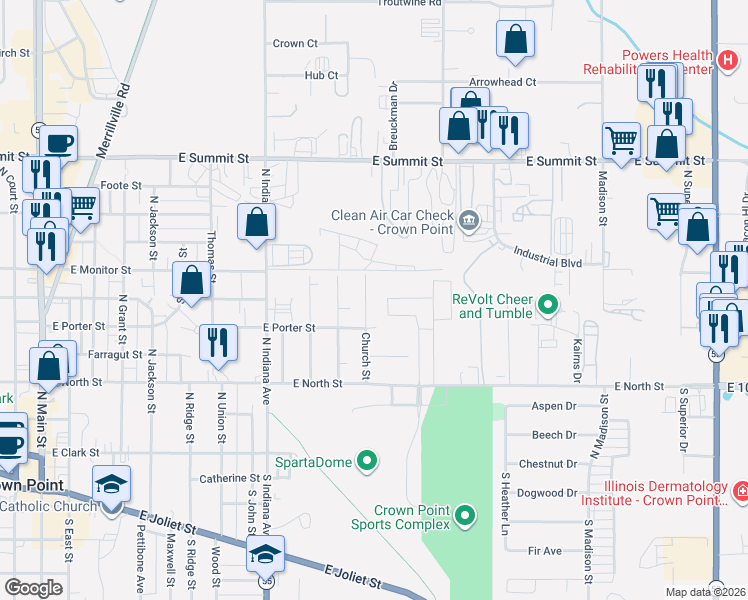 map of restaurants, bars, coffee shops, grocery stores, and more near 404 Church Street in Crown Point