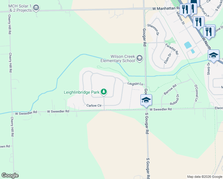 map of restaurants, bars, coffee shops, grocery stores, and more near 16242 Celtic Circle in Manhattan