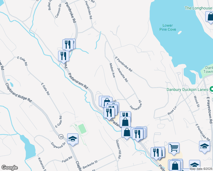 map of restaurants, bars, coffee shops, grocery stores, and more near 12 Clayton Road in Danbury