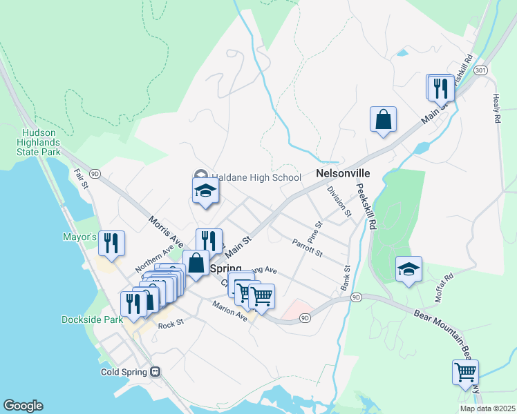 map of restaurants, bars, coffee shops, grocery stores, and more near 224 Main Street in Cold Spring