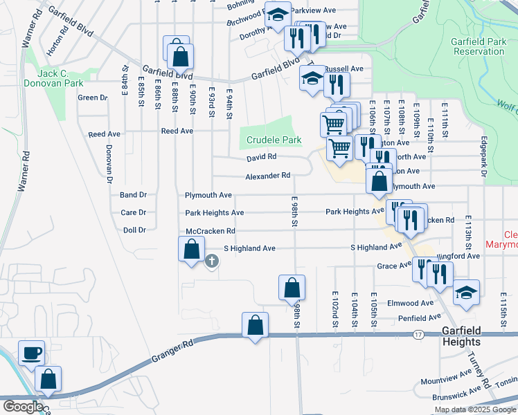 map of restaurants, bars, coffee shops, grocery stores, and more near 9612 Park Heights Avenue in Garfield Heights
