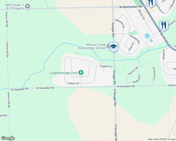 map of restaurants, bars, coffee shops, grocery stores, and more near 16224 Celtic Circle in Manhattan