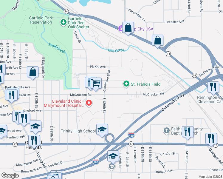 map of restaurants, bars, coffee shops, grocery stores, and more near 12809 McCracken Road in Garfield Heights