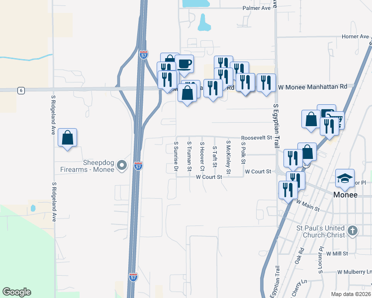map of restaurants, bars, coffee shops, grocery stores, and more near 25720 South Truman Street in Monee