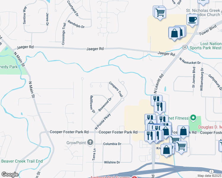 map of restaurants, bars, coffee shops, grocery stores, and more near 5453 Coopers Lane in Lorain