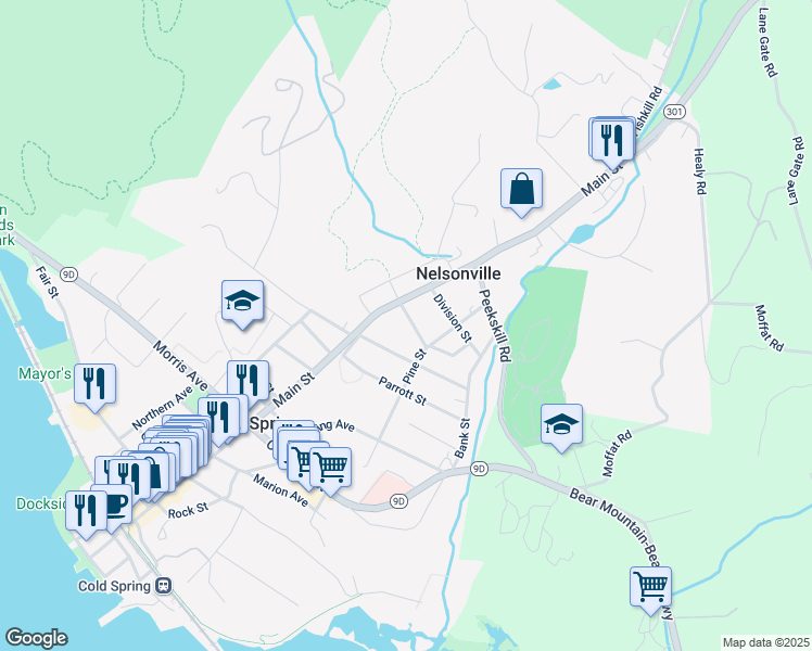 map of restaurants, bars, coffee shops, grocery stores, and more near 67 Pearl Street in Cold Spring