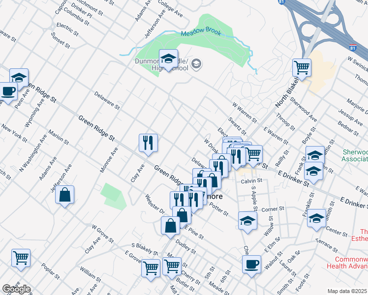 map of restaurants, bars, coffee shops, grocery stores, and more near 1908 Delaware Street in Dunmore
