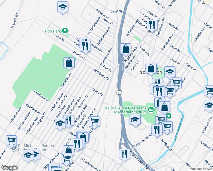 map of restaurants, bars, coffee shops, grocery stores, and more near 825 North Main Avenue in Scranton