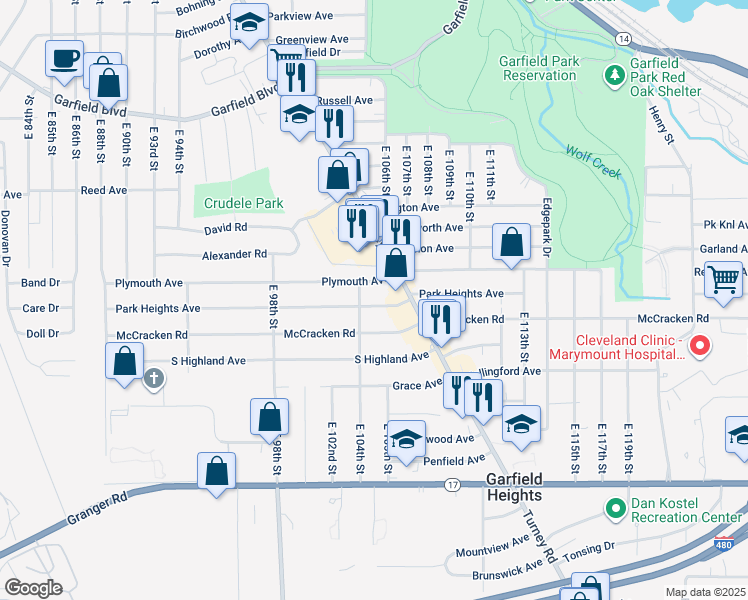 map of restaurants, bars, coffee shops, grocery stores, and more near 10414 Park Heights Avenue in Garfield Heights
