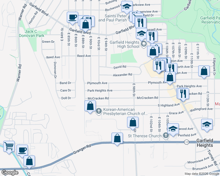 map of restaurants, bars, coffee shops, grocery stores, and more near 9406 Park Heights Avenue in Garfield Heights
