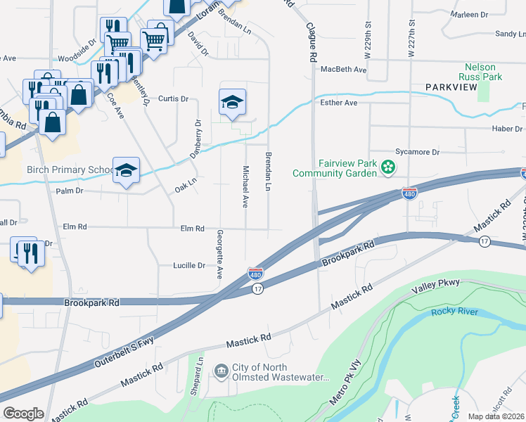 map of restaurants, bars, coffee shops, grocery stores, and more near 4600 Brendan Lane in North Olmsted