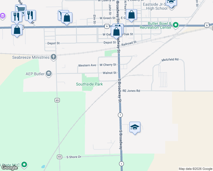 map of restaurants, bars, coffee shops, grocery stores, and more near 760 South Broadway Street in Butler